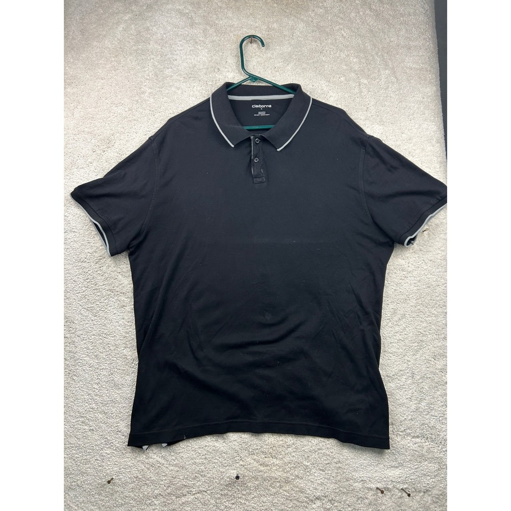 Claiborne Mens Large Black Cotton Polo Shirt Contrast Tipped Collar Cuffs